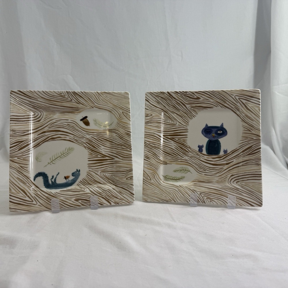 Rare Set 2 Fishs Eddy Urban Outfitters Plates by Jessie‎ Hartland Cat Squirrel